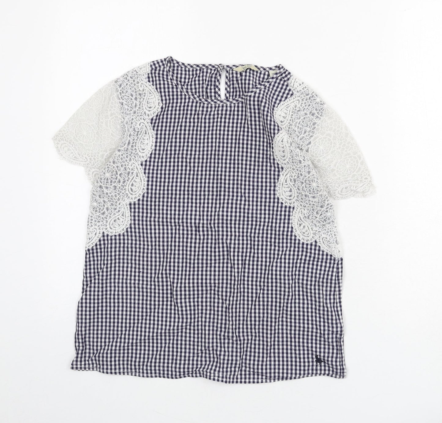 Jack Wills Womens Blue Check Cotton Basic Blouse Size 10 Round Neck - Lace Sleeves
