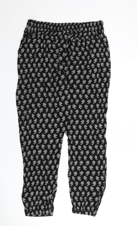 M&Co Womens Black Floral Viscose Trousers Size 10 L26 in Regular