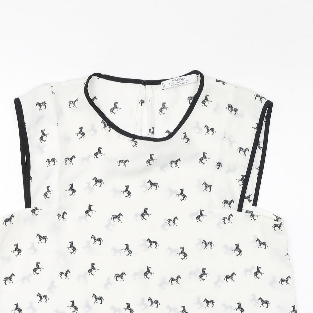 Mango Womens White Geometric Polyester Basic Tank Size M Round Neck - Zebras, Sheer