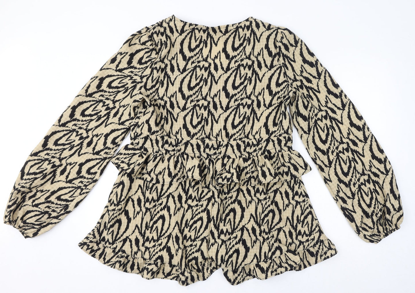 PRETTYLITTLETHING Womens Brown Geometric Polyester Playsuit One-Piece Size 14 L3 in Button - Ruffles