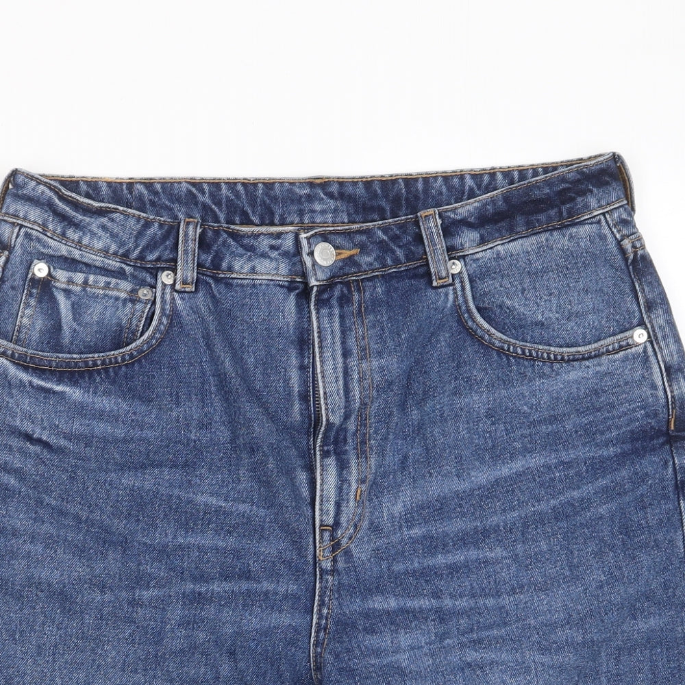 Weekday Womens Blue Cotton Boyfriend Shorts Size 31 in L8 in Regular Zip - Pockets, Logo