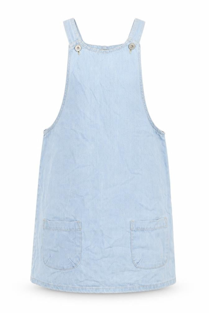 Front view of Denim & Co. women’s blue cotton pinafore/dungaree dress, size UK 12, scoop neck button - pocket