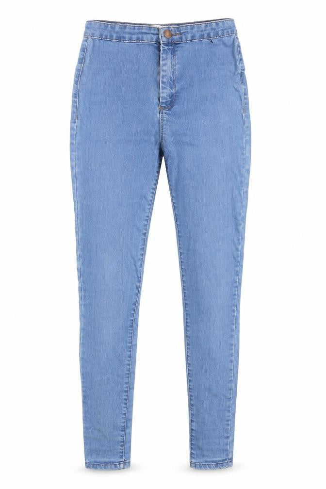 Front view of Miss Selfridge women’s blue cotton skinny jeans, size UK 10, 29-inch leg regular zip - pockets
