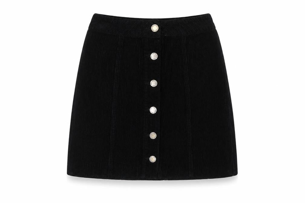 Front view of Miss Selfridge women’s black cotton a-line skirt, size UK 6, button