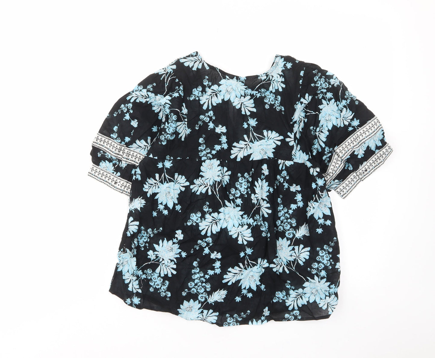 Per Una Womens Blue Floral Cotton Basic Blouse Size 6 Crew Neck - Keyhole neck, Embroided