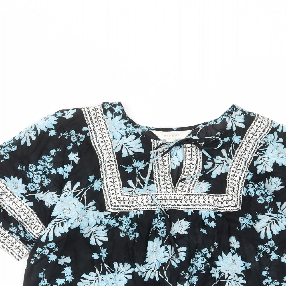Per Una Womens Blue Floral Cotton Basic Blouse Size 6 Crew Neck - Keyhole neck, Embroided