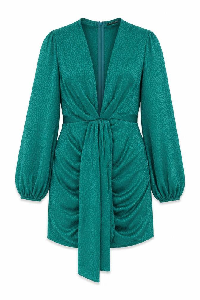 Front view of I SAW IT FIRST women’s green animal print polyester mini, size UK 10, v-neck zip - croc print, balloon sleeves