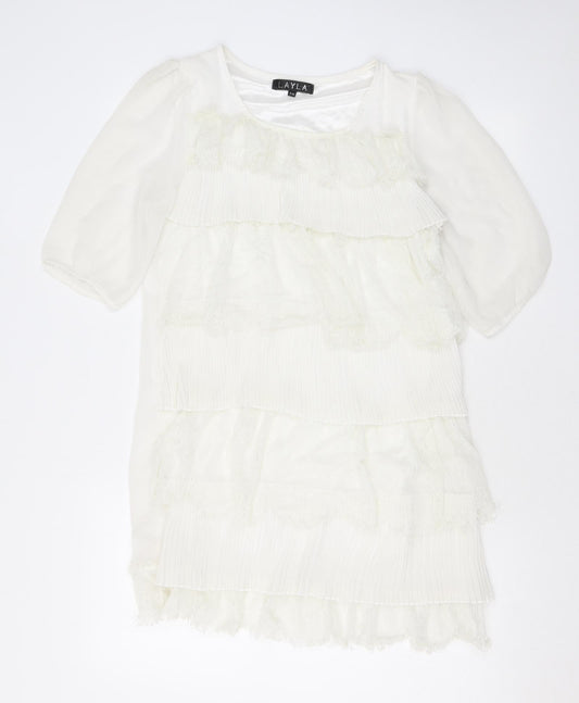 Layla Womens White Polyester A-Line Size S Scoop Neck Pullover - Lace, Ruffles