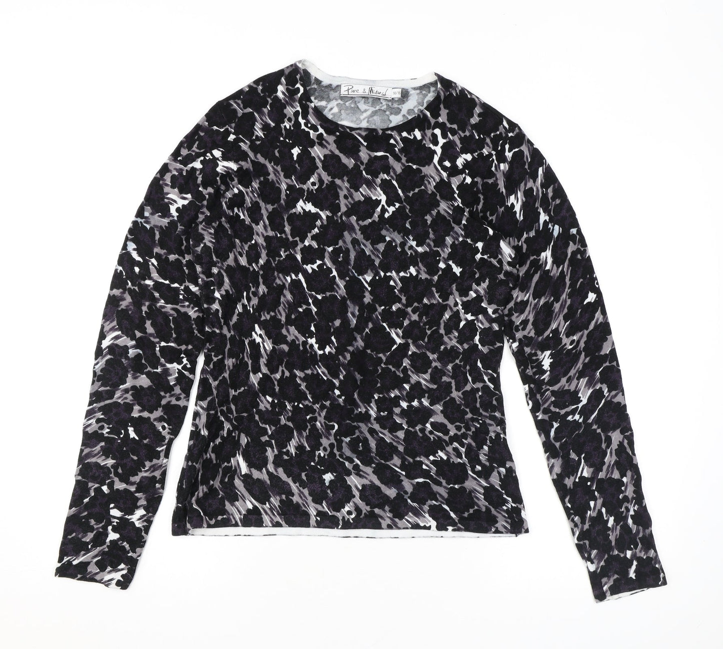 Pure & Natural Womens Black Animal Print Viscose Basic Blouse Size 14 Round Neck - Leopard Print