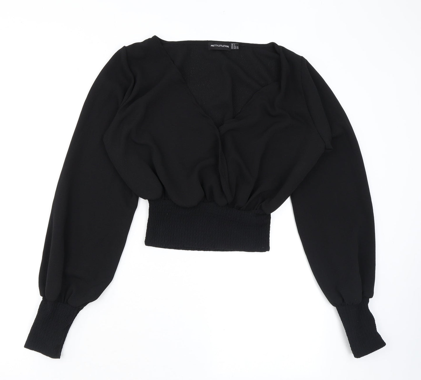 PRETTYLITTLETHING Womens Black Polyester Cropped Blouse Size 8 V-Neck