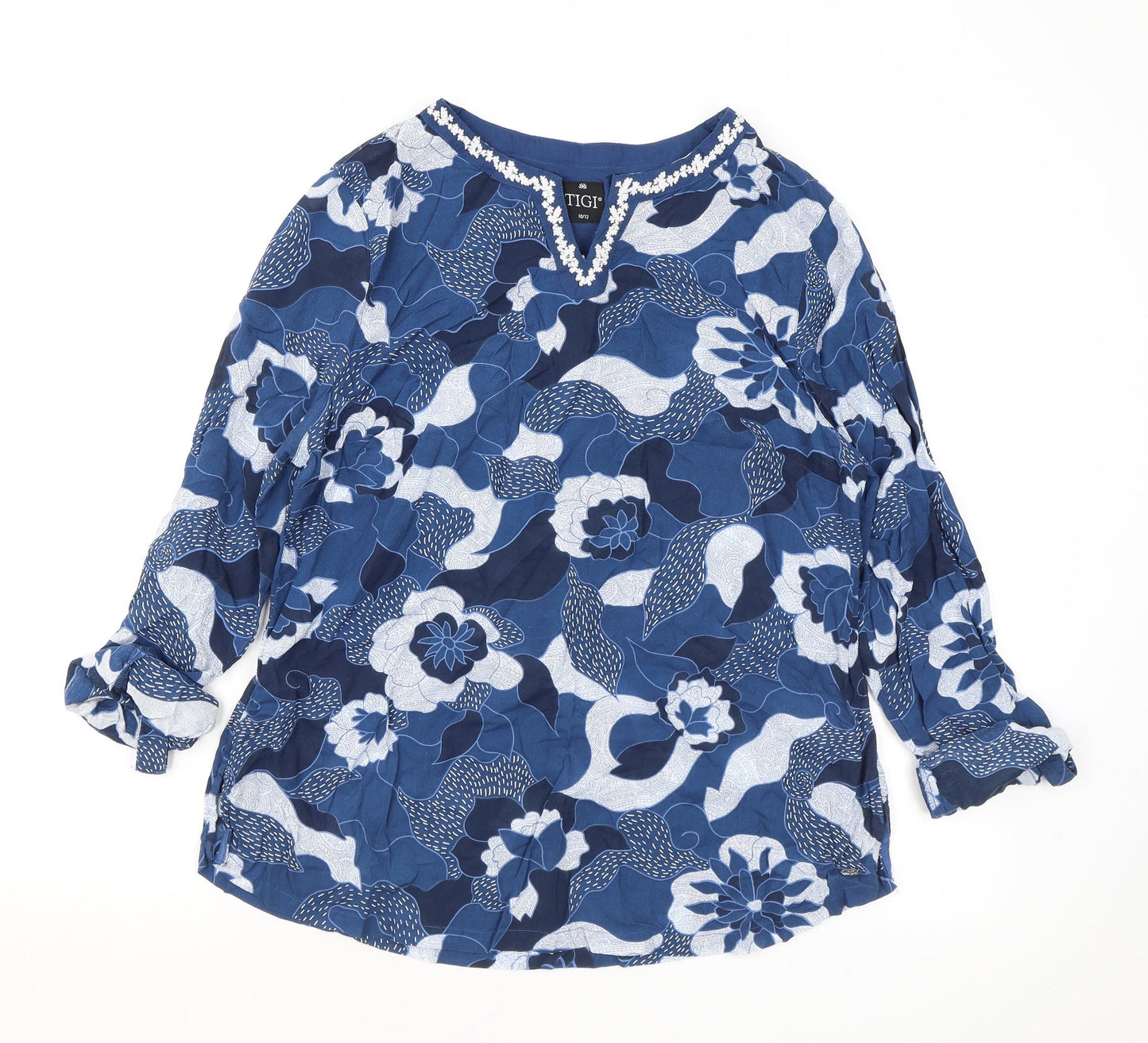 TIGI Womens Blue Geometric Polyester Tunic Blouse Size 10 V-Neck
