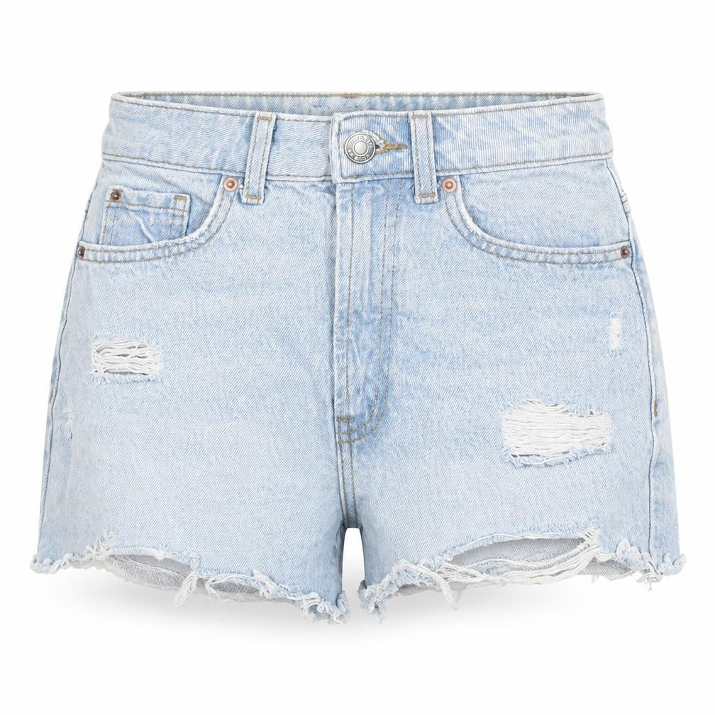 Front view of Denim & Co. women’s blue cotton hot pants shorts, size UK 4, 3-inch leg regular zip