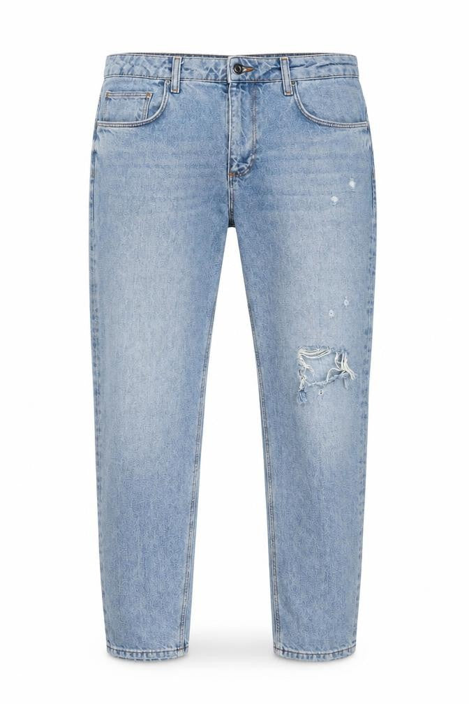 Front view of ASOS men’s blue cotton straight jeans, size 32, in, 34-inch leg regular zip