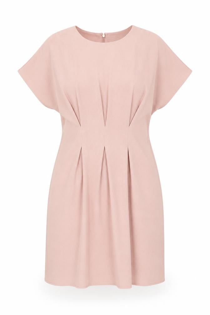 Front view of ASOS women’s pink polyester shift, size UK 12, boat neck zip