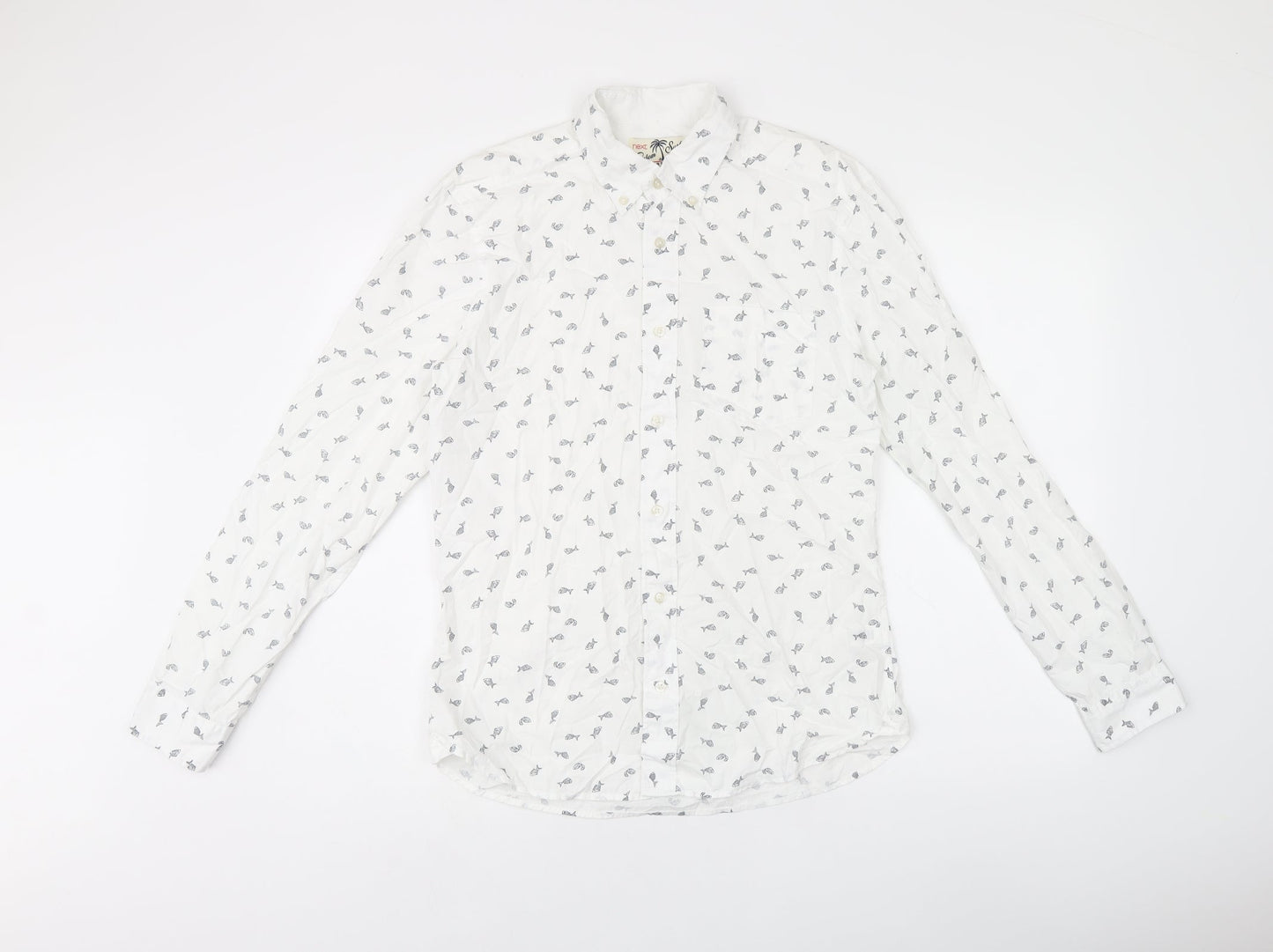 NEXT Mens White Geometric Cotton Button-Up Size S Collared Button - Fish print