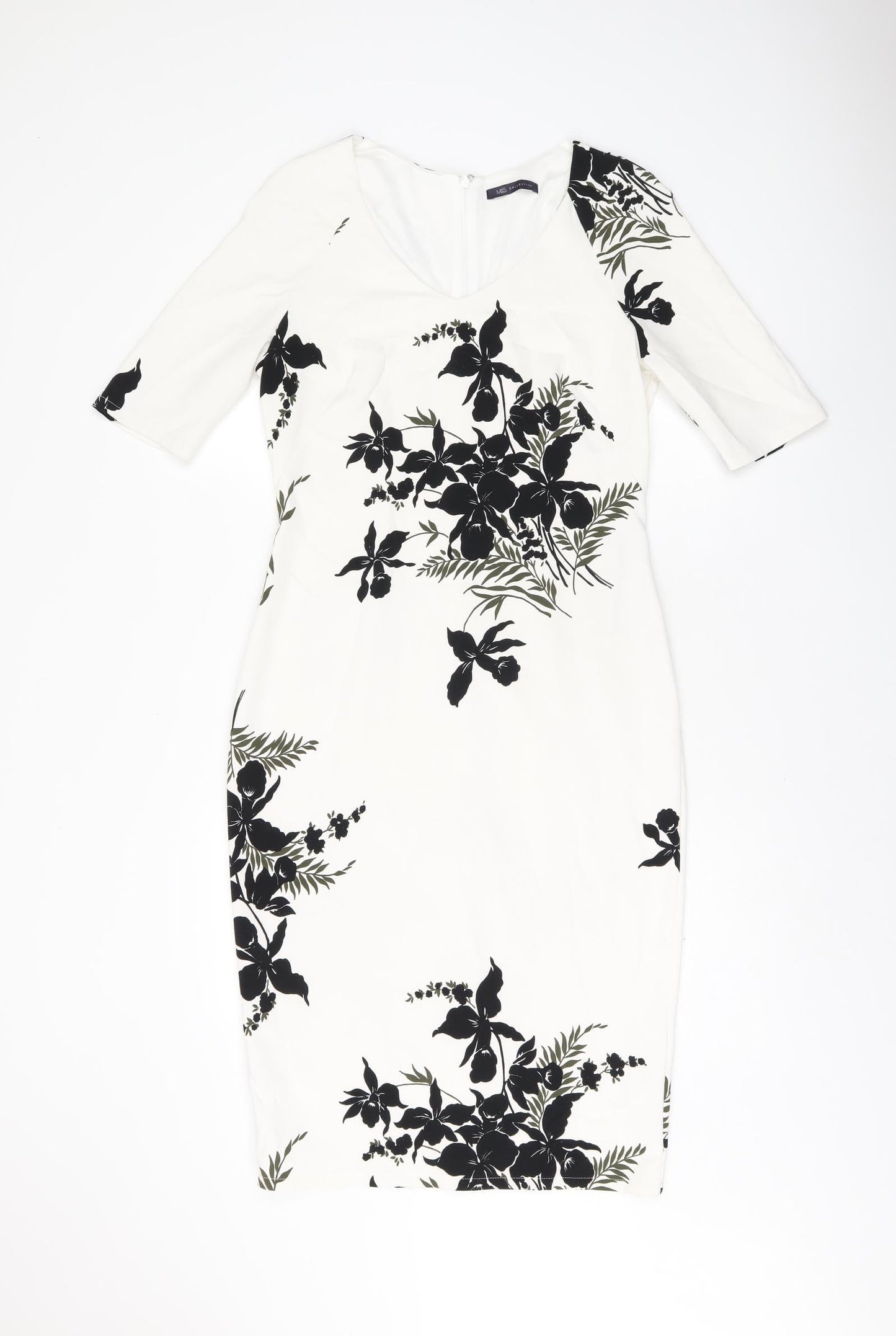 Marks and Spencer Womens White Floral Polyester Pencil Dress Size 10 V-Neck Zip