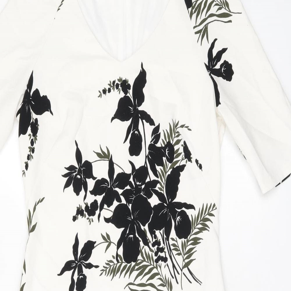 Marks and Spencer Womens White Floral Polyester Pencil Dress Size 10 V-Neck Zip