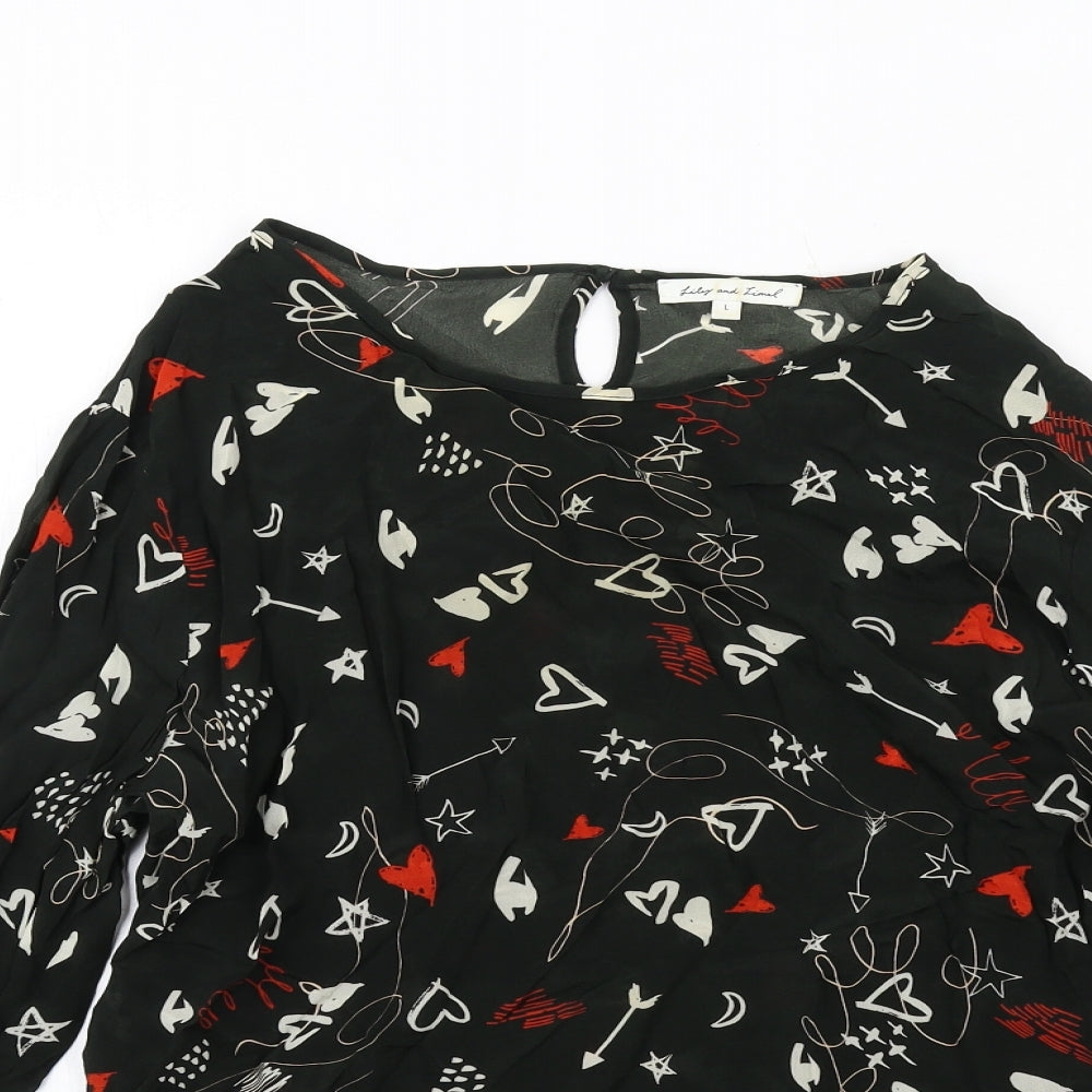 Lily & Lionel Womens Black Geometric Viscose Basic Blouse Size L Round Neck