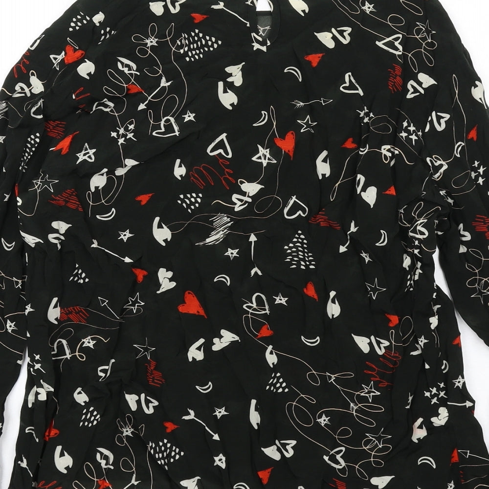 Lily & Lionel Womens Black Geometric Viscose Basic Blouse Size L Round Neck