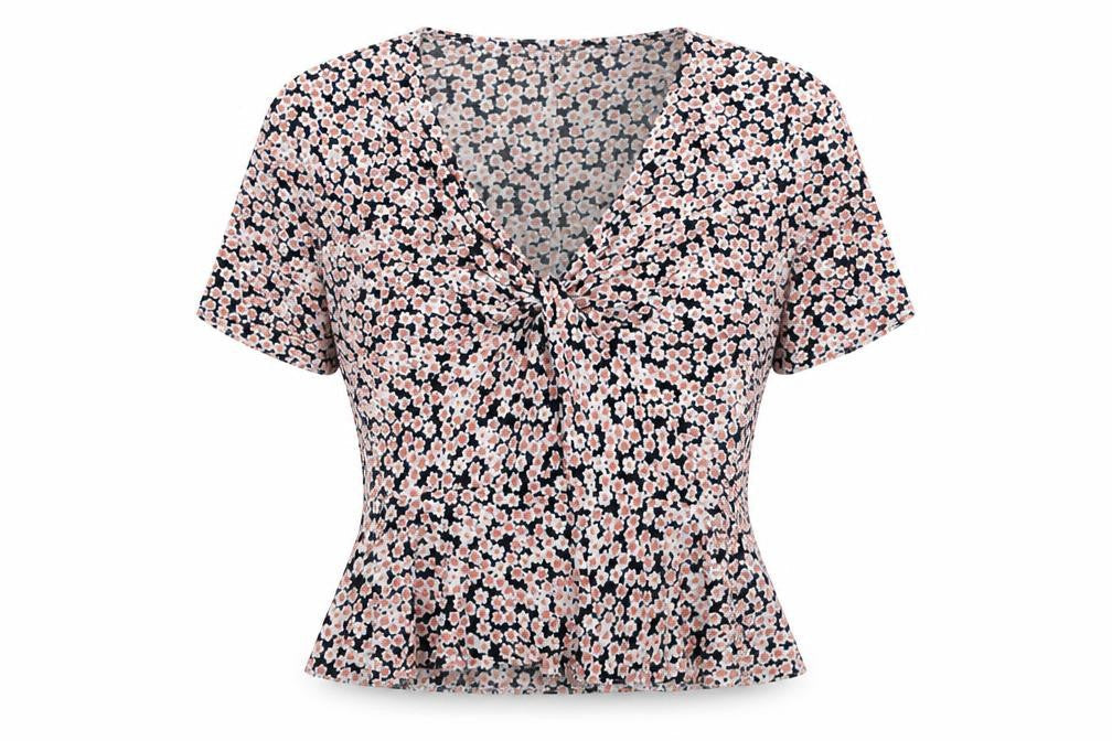 Front view of Miss Selfridge women’s multicoloured floral polyester basic t-shirt, size UK 8, v-neck - twist front