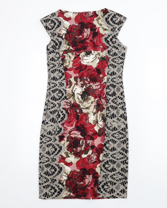 London Times Womens Multicoloured Geometric Polyester Pencil Dress Size 8 Boat Neck Zip