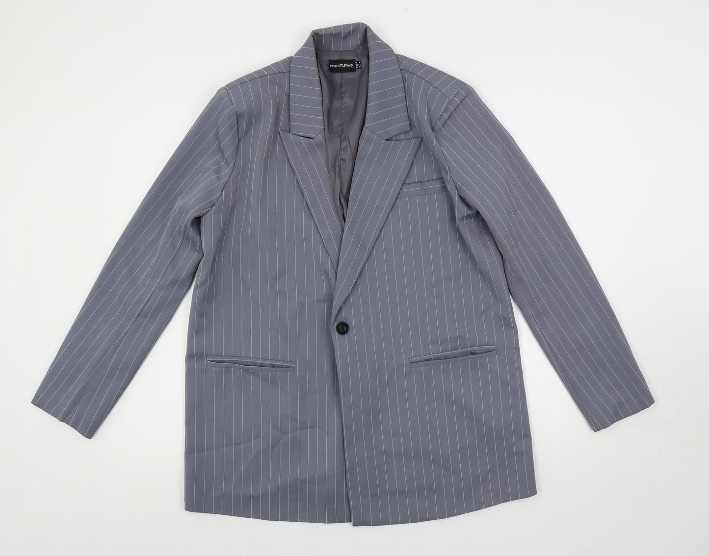 PRETTYLITTLETHING Womens Grey Striped Jacket Blazer Size 6 Button - Longline