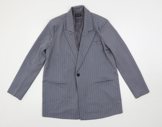 PRETTYLITTLETHING Womens Grey Striped Jacket Blazer Size 6 Button - Longline