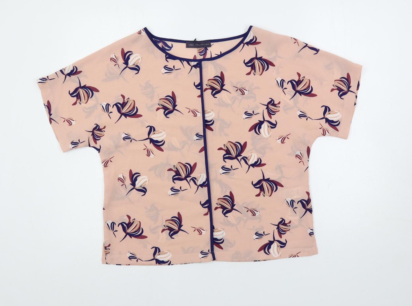 Marks and Spencer Womens Pink Floral Polyester Basic Blouse Size 10 Round Neck