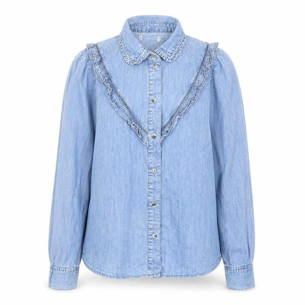 Front view of Red Herring women’s blue cotton basic button-up, size UK 12, collared - ruffles