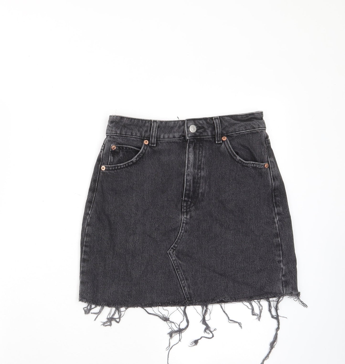 Topshop Womens Grey Cotton A-Line Skirt Size 8 Zip - Distressed, Pockets, Belt Loops