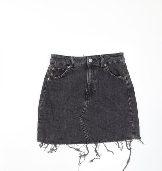Topshop Womens Grey Cotton A-Line Skirt Size 8 Zip - Distressed, Pockets, Belt Loops