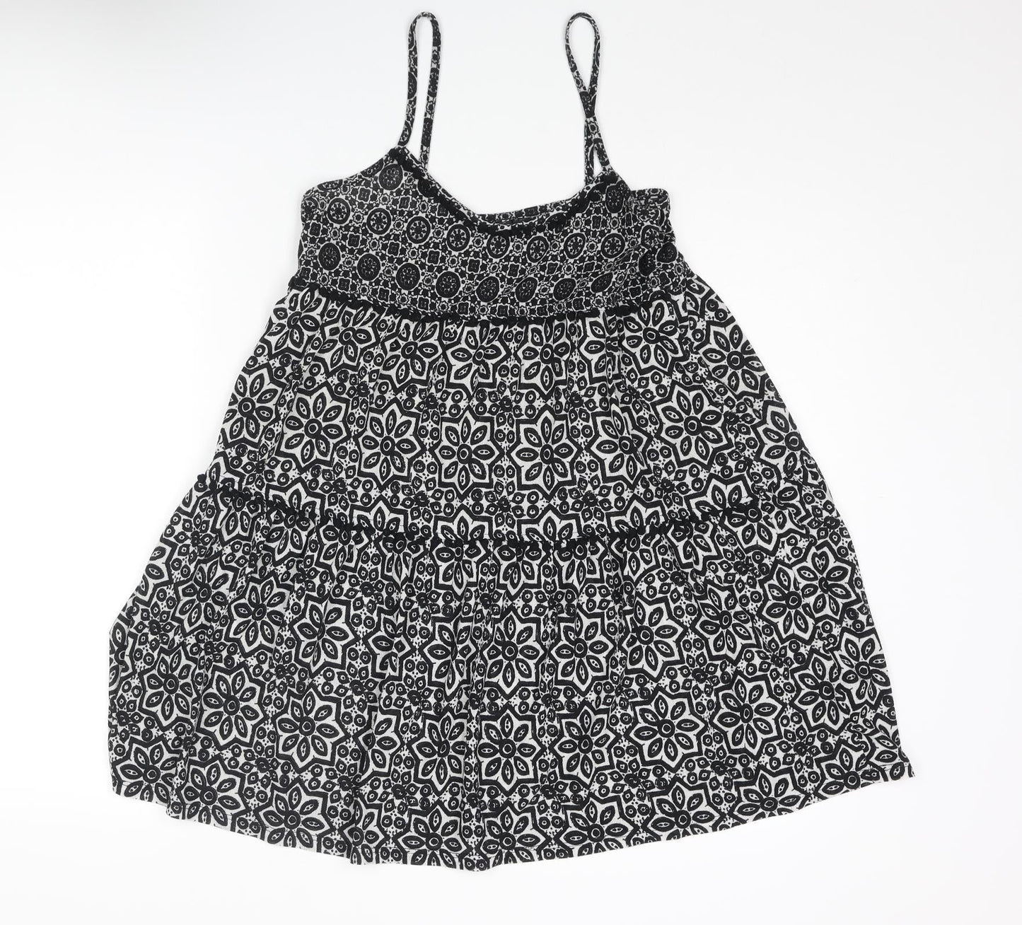 Topshop Womens Black Geometric Polyester A-Line Size 10 Scoop Neck Pullover - Smocked
