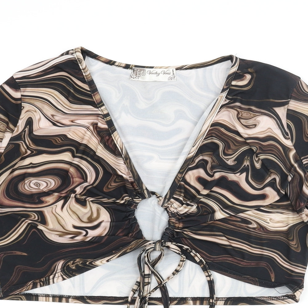 Voulez-Vous Womens Black Geometric Polyester Cropped Blouse Size 12 V-Neck - Marble Print Keyhole