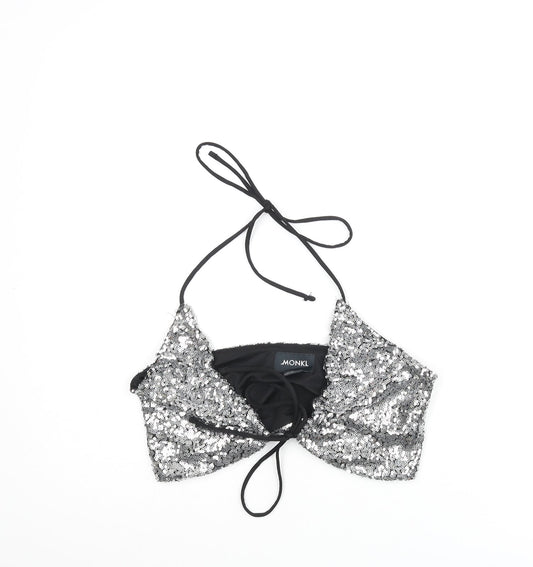 Monki Womens Silver Polyester Cropped Blouse Size S V-Neck - Sequin Bralette
