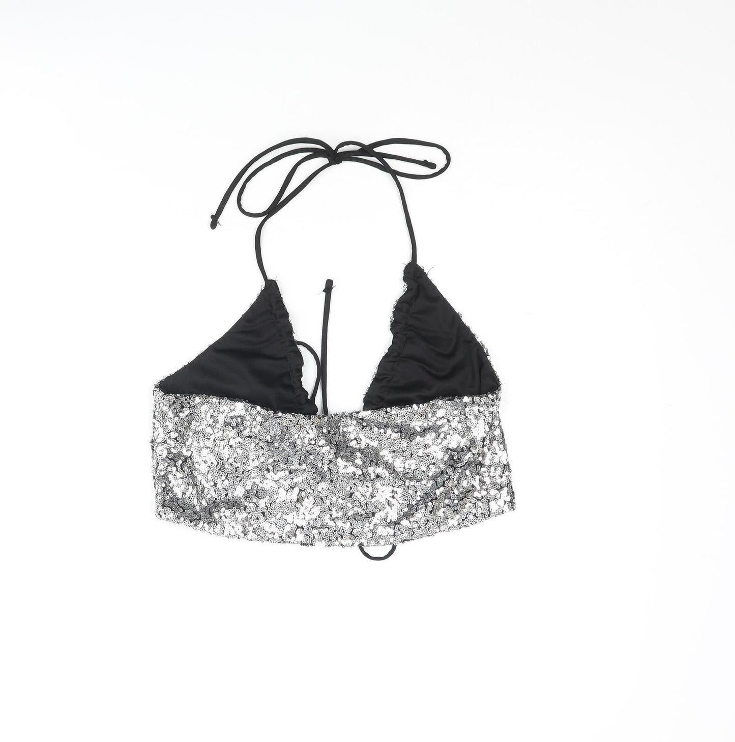 Monki Womens Silver Polyester Cropped Blouse Size S V-Neck - Sequin Bralette