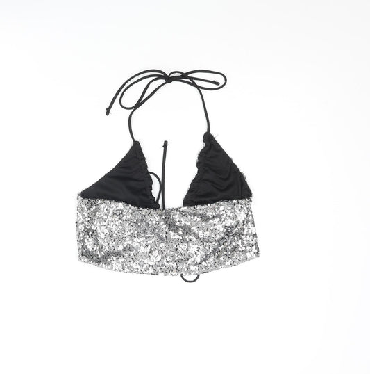 Monki Womens Silver Polyester Cropped Blouse Size S V-Neck - Sequin Bralette