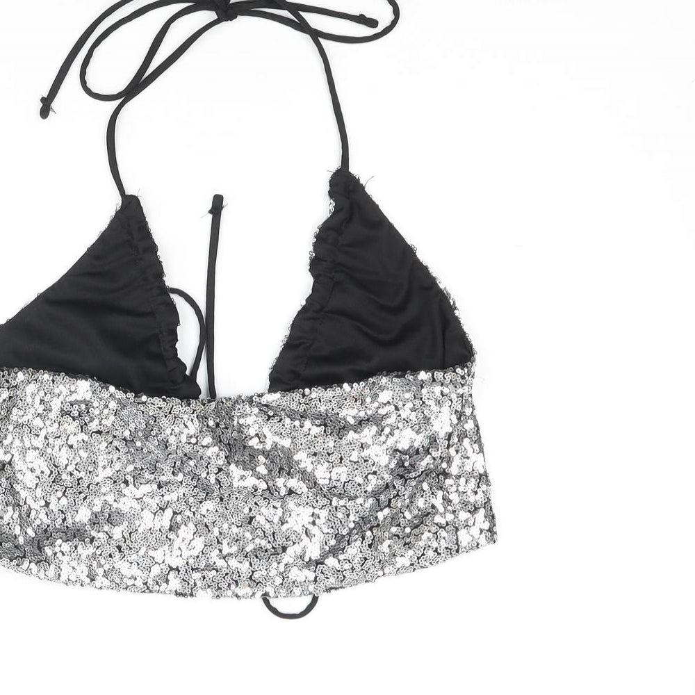 Monki Womens Silver Polyester Cropped Blouse Size S V-Neck - Sequin Bralette
