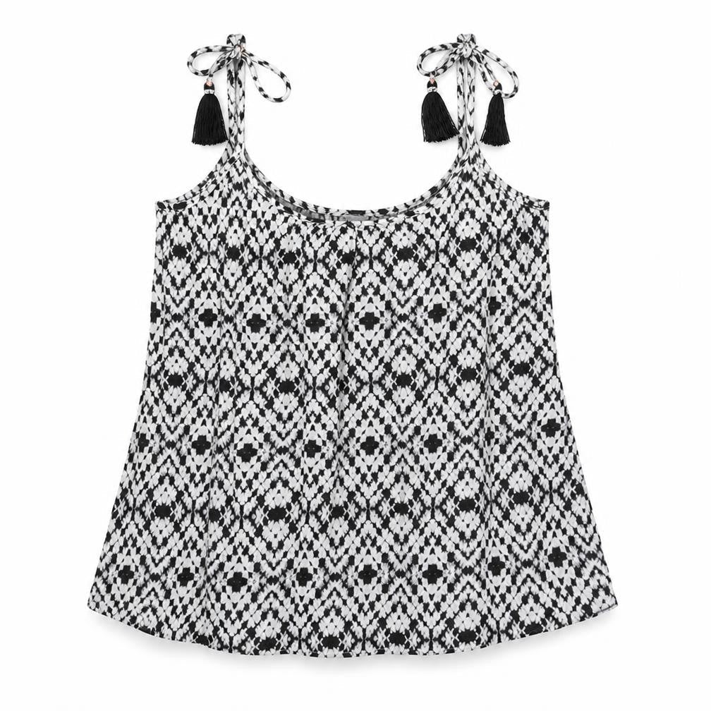 Yessica Womens Black Geometric Viscose Camisole Tank Size 16 Round Neck - Tassels