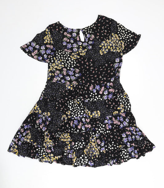Patrons of Peace Womens Black Floral Viscose Fit & Flare Size S V-Neck Pullover
