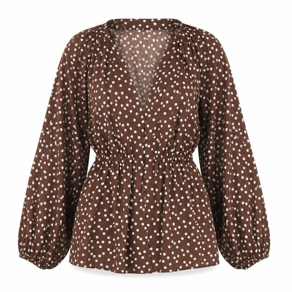 Front view of ASOS women’s brown polka dot polyester basic blouse, size UK 4, v-neck - balloon sleeves