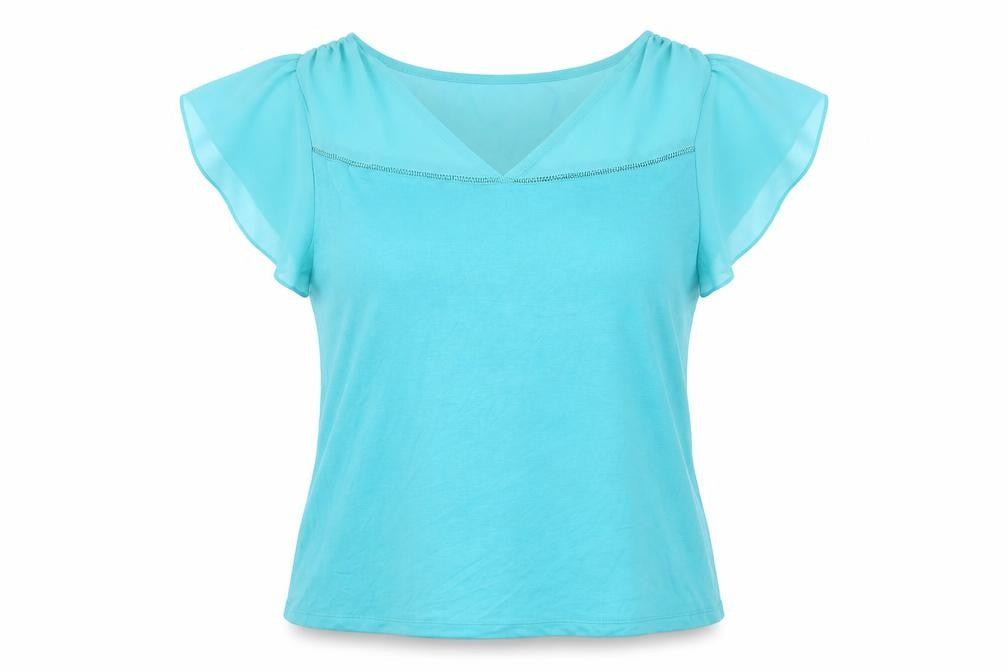 Front view of Kaleidoscope women’s blue viscose basic blouse, size UK 14, v-neck