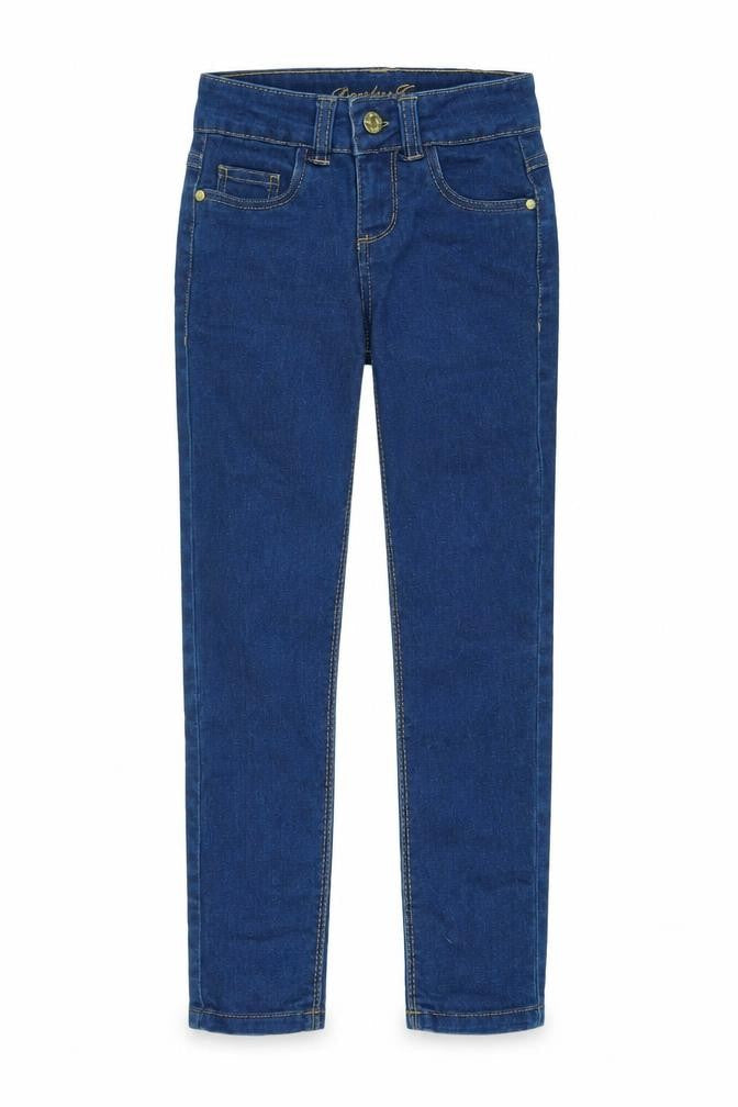 Front view of Denim & Co. girls’ blue cotton skinny jeans, size 7-8, years, 21-inch leg regular zip