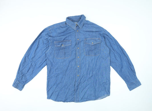 Sanco Mens Blue Cotton Button-Up Size M Collared Button