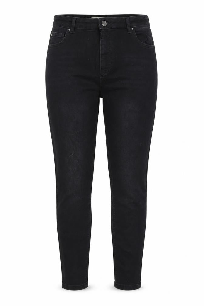 Front view of Denim & Co. women’s black cotton tapered jeans, size UK 16, 27-inch leg regular zip