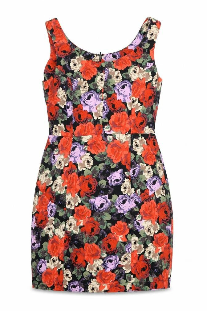Front view of ASOS women’s multicoloured floral cotton shift, size UK 12, scoop neck zip