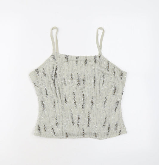 Raishma Womens Grey Geometric Polyester Basic Tank Size 8 Square Neck - Beading, Sequins