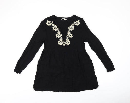 Brave Soul Womens Black Floral Viscose Basic Blouse Size S V-Neck - Embroidered Flowers