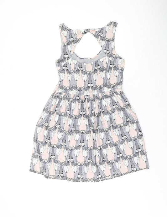 Oasis Womens Grey Geometric Cotton Skater Dress Size 12 Scoop Neck Zip - Studded
