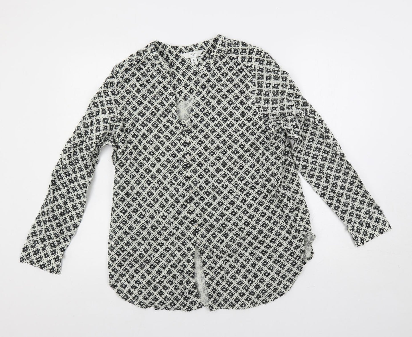 Marks and Spencer Womens Ivory Geometric Cotton Basic Button-Up Size 10 V-Neck