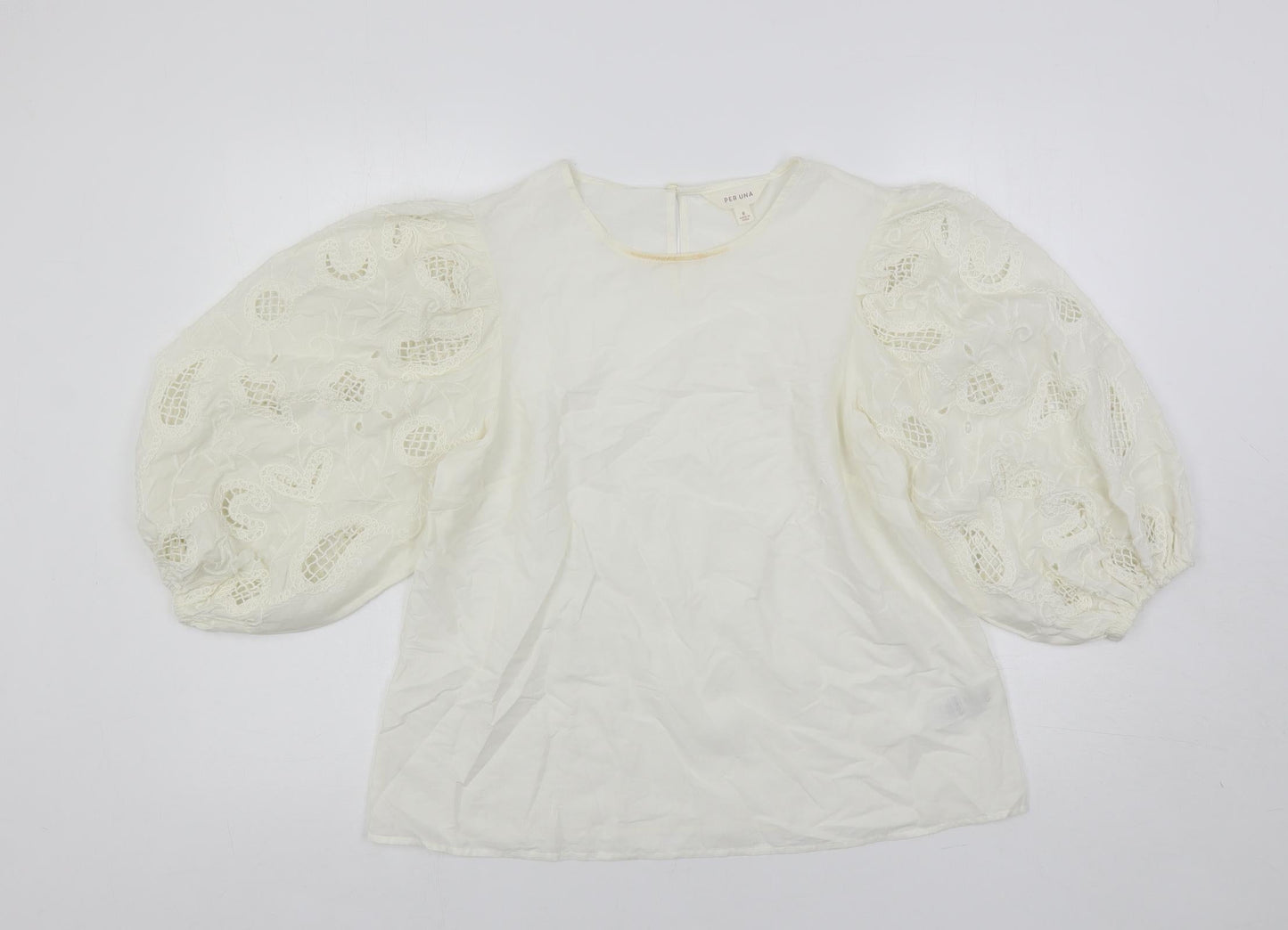 Per Una Womens Ivory Cotton Basic Blouse Size 8 Round Neck - Embroidered